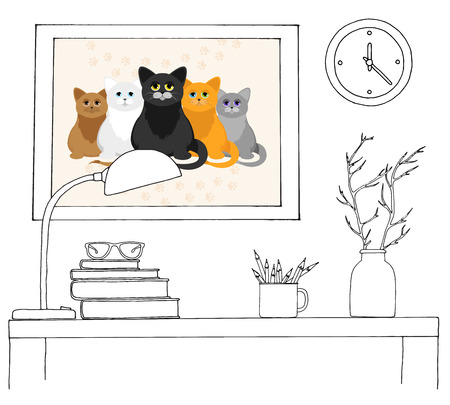 Sketch of the interior. A table, a bedside table, a shelf with various interior items. Can be used as a mock up. Frame for your graphics.のイラスト素材