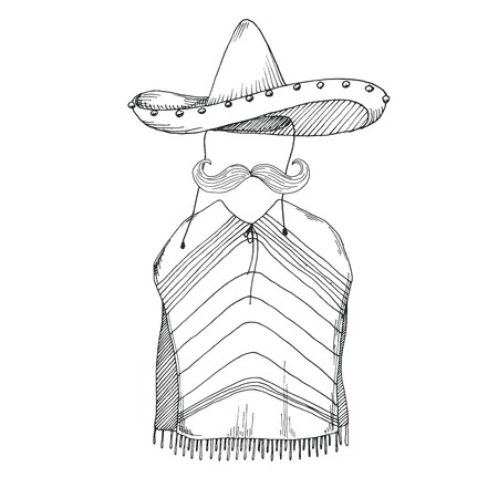Sketch of poncho, mustache and sombrero. Vector illustration.のイラスト素材