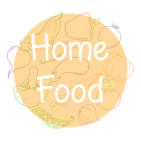 Different vegetables and a pot. Vector illustration in a linear style. The inscription is home food.のイラスト素材
