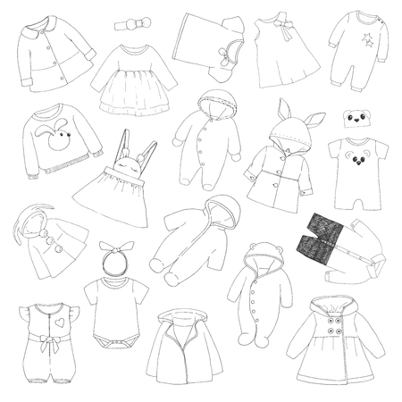 Set of different children's clothing. Can be used as clothes for paper dolls. Vector illustration in sketch style.のイラスト素材