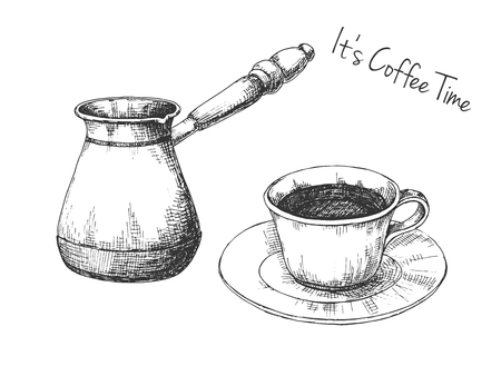 Sketch cezve. Cezve and cup  isolated on white background. It's coffee timeのイラスト素材