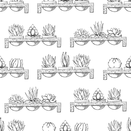 Sketch of three succulents in pots on a wooden stand. Vector illustration of a sketch style.Seamless patternのイラスト素材