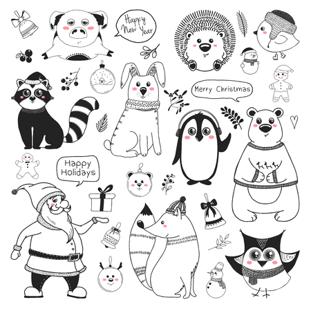 Set of animals and different christmas elements. Different greetings. Vector illustration in sketch style.のイラスト素材