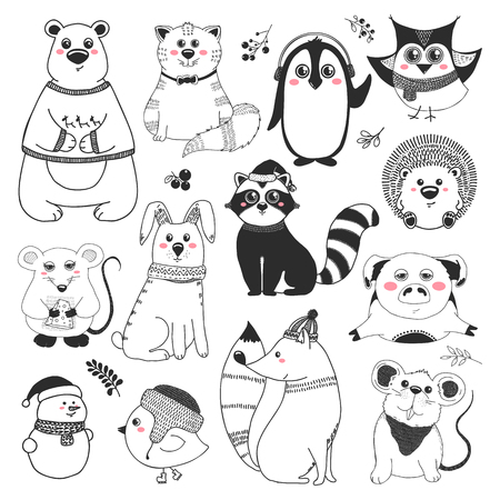 Set of animals and different christmas elements. Vector illustration in sketch style.のイラスト素材