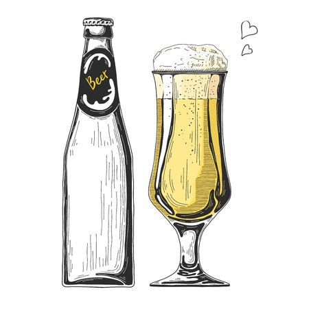 Bottle of beer. Glass with beer. Vector illustration of a sketch style.のイラスト素材