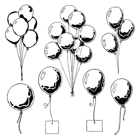 Set of different balloons. Inflatable balls on a string. Inflatable balloons with a card for text. Sketchのイラスト素材