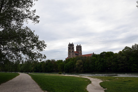 St. Maximilian church, view from from Izara river. Munich, Germany.のeditorial素材