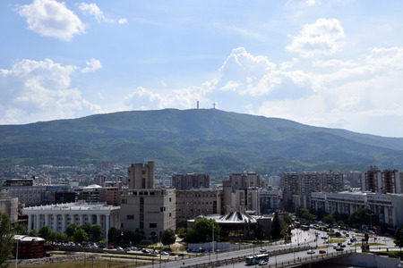 Skopje, Macedonia - May 2017: Panorama of the Skopje city center, with Vodno mountain background.のeditorial素材