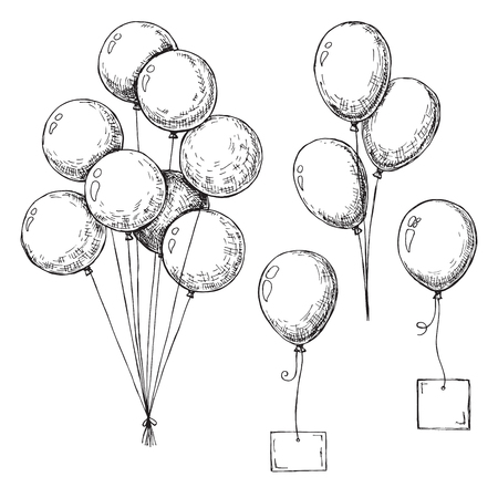 Set of different balloons. Inflatable balls on a string. Inflatable balloons with a card for text. Sketchのイラスト素材