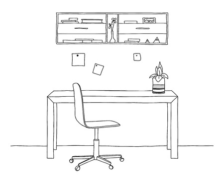 Sketch the room. Office chair, desk, various objects on the table. Sketch workspace. Vector illustrationのイラスト素材