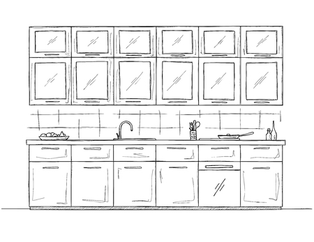 Hand drawn kitchen furniture. Vector illustration in sketch style.のイラスト素材