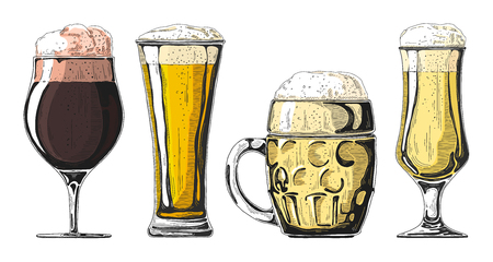 Set of different glasses with beer, different mugs of beer. Vector illustration of a sketch style.のイラスト素材