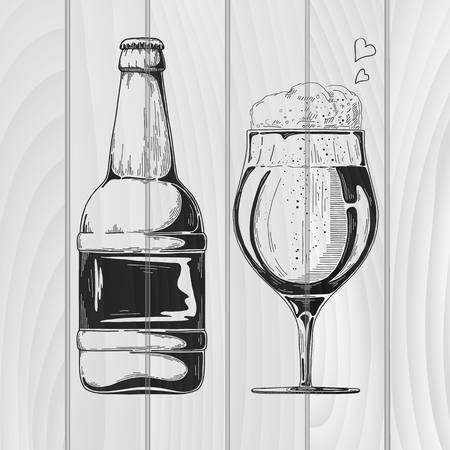 Bottle of beer. Glass with beer. Vector illustration of a sketch style.のイラスト素材