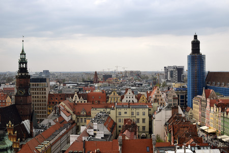 Poland, Wroclaw - April 2018: Wroclaw Town Hall and Market Square. Aerial view of Wroclaw City center. Polandのeditorial素材