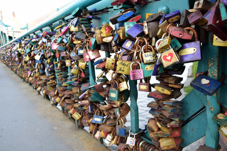 Poland, Wroclaw - May 2017: Love lock on a Tumski bridge. Wroclaw. Poland.のeditorial素材