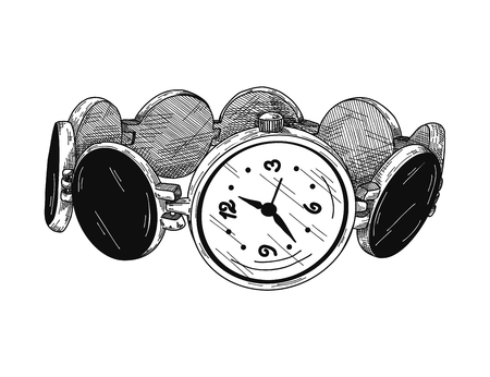 Realistic sketch of a watch. Wristwatches on a metal bracelet. Vectorのイラスト素材