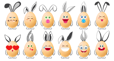Set of realistic eggs with emoticons and with painted elements. Vector illustrationのイラスト素材