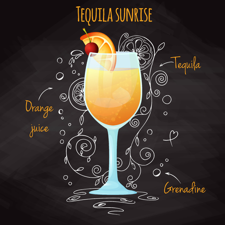 Simple recipe for an alcoholic cocktail Tequila Sunrise. Drawing chalk on a blackboard. Vector illustrationのイラスト素材
