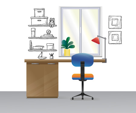 Office chair, desk, various objects on the table. Workspace in flat style. Vector illustrationのイラスト素材