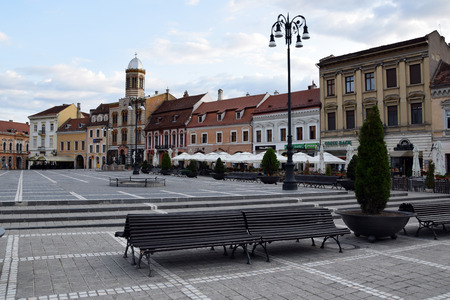 Brasov, Romania - August 2017: Brasov Council Square (Centrul Vechi). Brasov City center. Transylvania, Romania.のeditorial素材