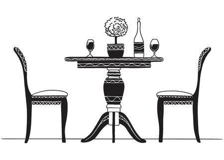 Part of the dining room. Round table and chairs.On the table vase of flowers.  Hand drawn sketch.Vector illustrationのイラスト素材
