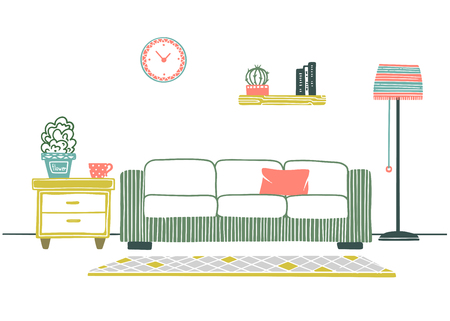 Interior in Scandinavian style. Part of the room. Hand drawn vector illustration of a sketch style.のイラスト素材