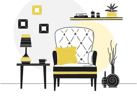 Chair, table with mug. Shelf with books and plants. Hand drawn vector illustration of a sketch styleのイラスト素材