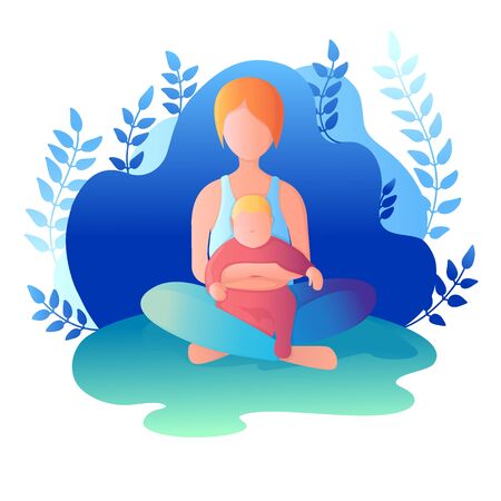 Mom and child are sitting in the lotus position. Vector illustration in flat style.のイラスト素材