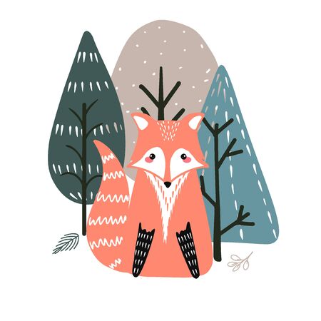 Cute fox on a background of trees. Hand drawn illustration in scandinavian style.のイラスト素材