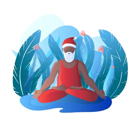 Santa Claus sits in a lotus position. Santa Claus is engaged in yoga. Vector illustration in flat style.のイラスト素材