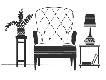 Chair, table with lamp. Hand drawn vector illustration of a sketch styleのイラスト素材
