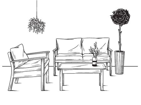 Set of furniture for the garden. Armchairs, sofa and table among the plants. Vector illustrations in sketch styleのイラスト素材