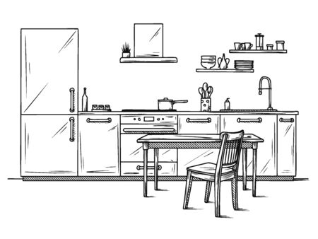 Hand drawn kitchen furniture. Vector illustration in sketch style.のイラスト素材
