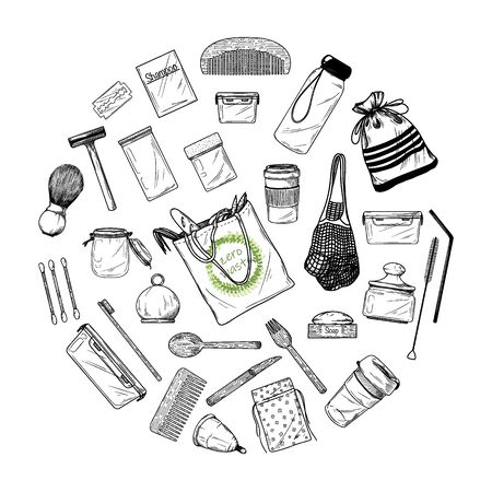 Large set of different environmental items. Zero waste. Vector illustrationのイラスト素材