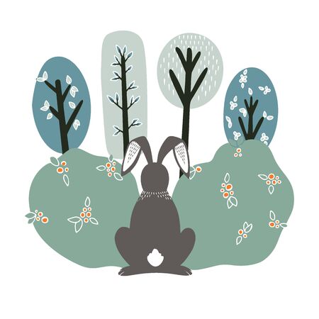 Cute hare, rabbit on the background of plants. Hand drawn illustration in scandinavian style.のイラスト素材