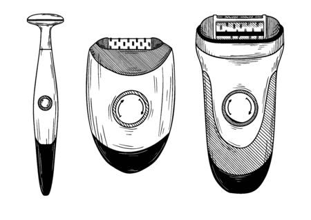 Set of different epilators, trimmers and shaving machine. Vector illustrationのイラスト素材