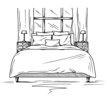 Realistic sketch of the bedroom. Hand drawn sketch of interior. Vector illustrationのイラスト素材