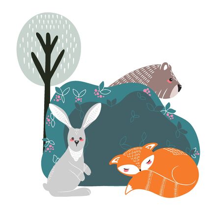 Cute bear, fox, hare and rabbit on a background of plants. Hand drawn illustration in scandinavian style.のイラスト素材