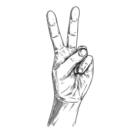 Hand sign victory or peace and scissors. Vector illustration in sketch style.のイラスト素材