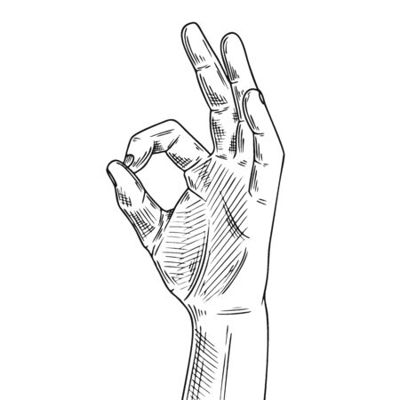 Hand gesture okay. Illustration in sketch style. Hand drawn vector illustrationのイラスト素材