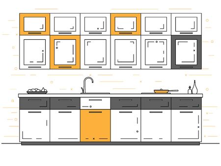 Modern kitchen. Kitchen furniture with sink, hob and extractor. Vector illustration in a linear style.のイラスト素材