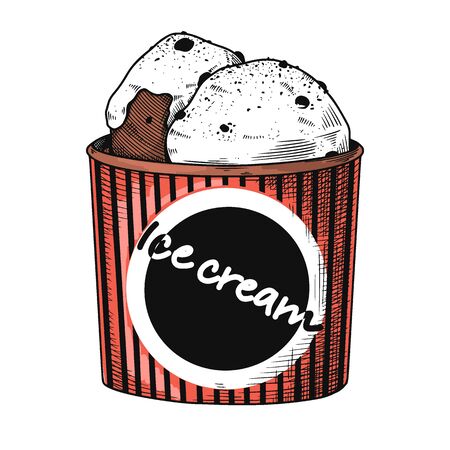 Realistic sketch of ice cream in a vase. Vector illustration in sketch style.のイラスト素材