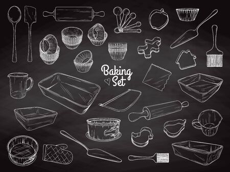 Set of dishes for baking. Baking stuff. Vector illustration in sketch style.のイラスト素材