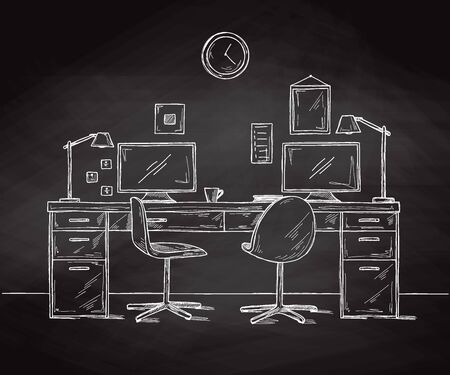 Sketch the room. Office chair, desk, various objects on the table. Sketch workspace. Vector illustrationのイラスト素材