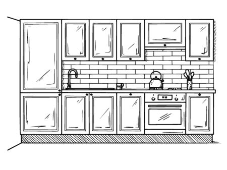 Hand drawn kitchen furniture. Vector illustration in sketch style.のイラスト素材