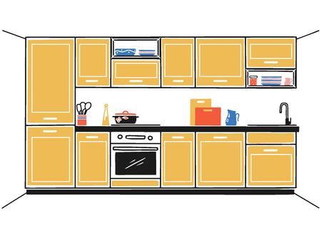 Hand drawn kitchen furniture. Vector illustration in sketch style.のイラスト素材