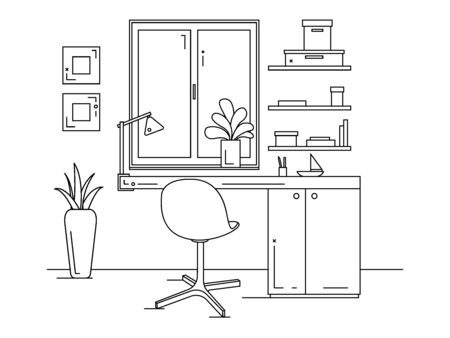 Office in a linear style. Workplace with a computer. Vectorのイラスト素材