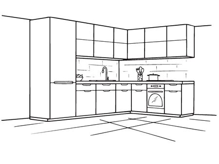 Hand drawn kitchen furniture. Vector illustration in sketch style.のイラスト素材