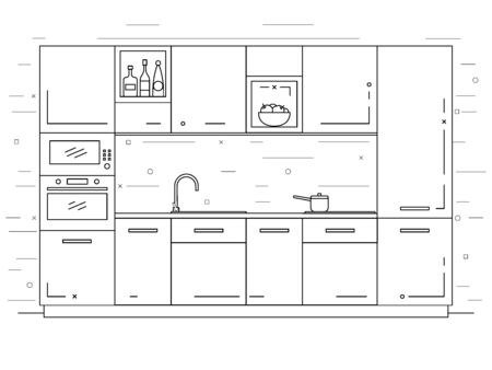 Modern kitchen. Kitchen furniture with sink, hob and extractor. Vector illustration in a linear style.のイラスト素材