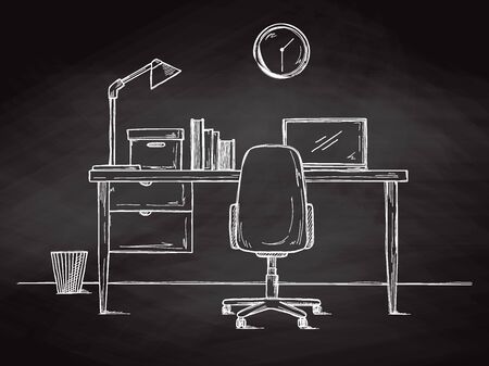 Sketch the workplace in front of the computer. Vector illustrationのイラスト素材